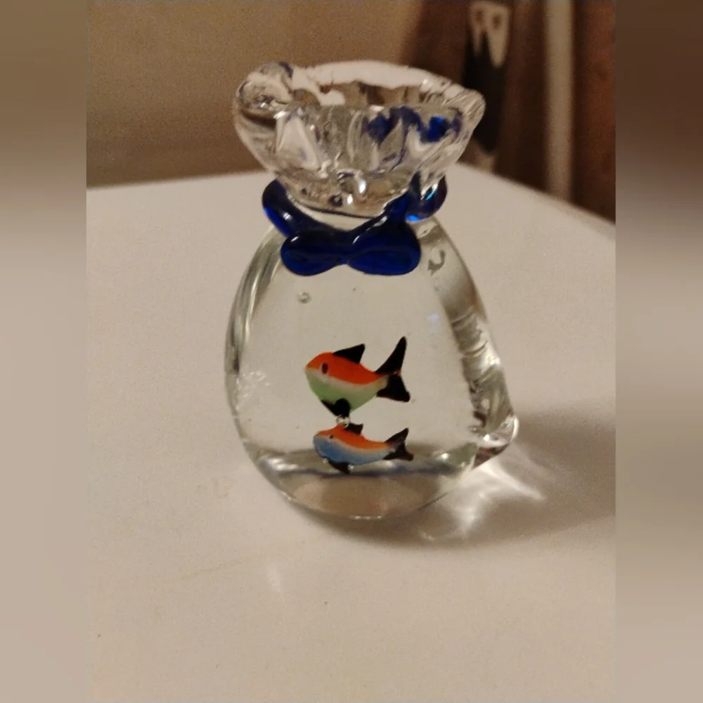 Murano Style Art Glass Goldfish Paperweight Fish in Bag Aquarium Figurine